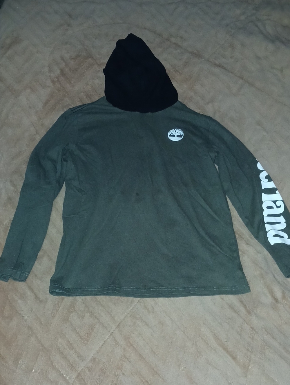 Timberland Youth Olive Green Long-Sleeve Tee Black Hood Sz: L 14/16